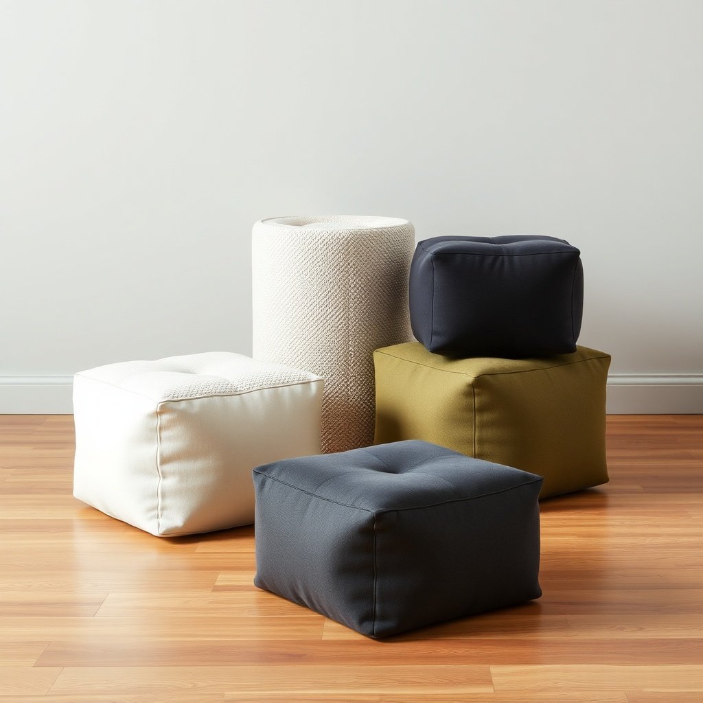 Modular mypoufs arranged to demonstrate customisation options with bouclé, velvet, and linen covers, showcasing portable ottoman versatility and reconfigurable styling for contemporary home accents.