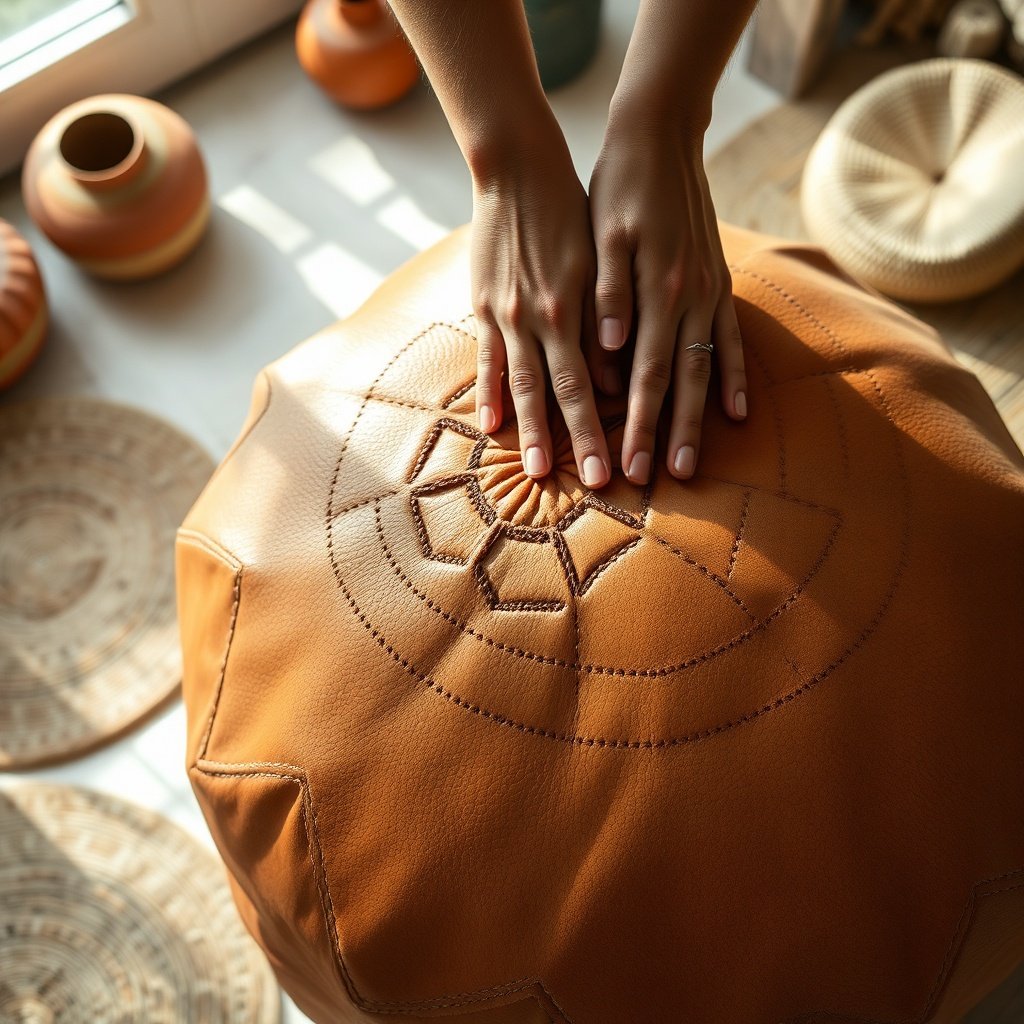 Master what to look for in a Moroccan leather pouf by examining the soft pliability, thick waxed thread seams, and natural suede backing of authentic vegetable-tanned hide.