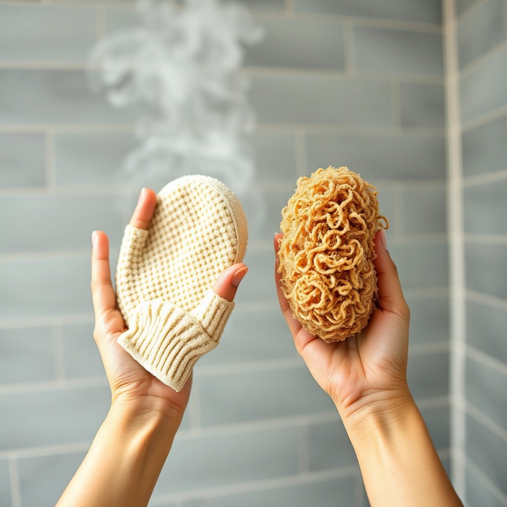 Explore how a Kessa glove vs loofah performs in a fresh shower setting, helping you decide which exfoliates better based on your preferred friction level and skin sensitivity.