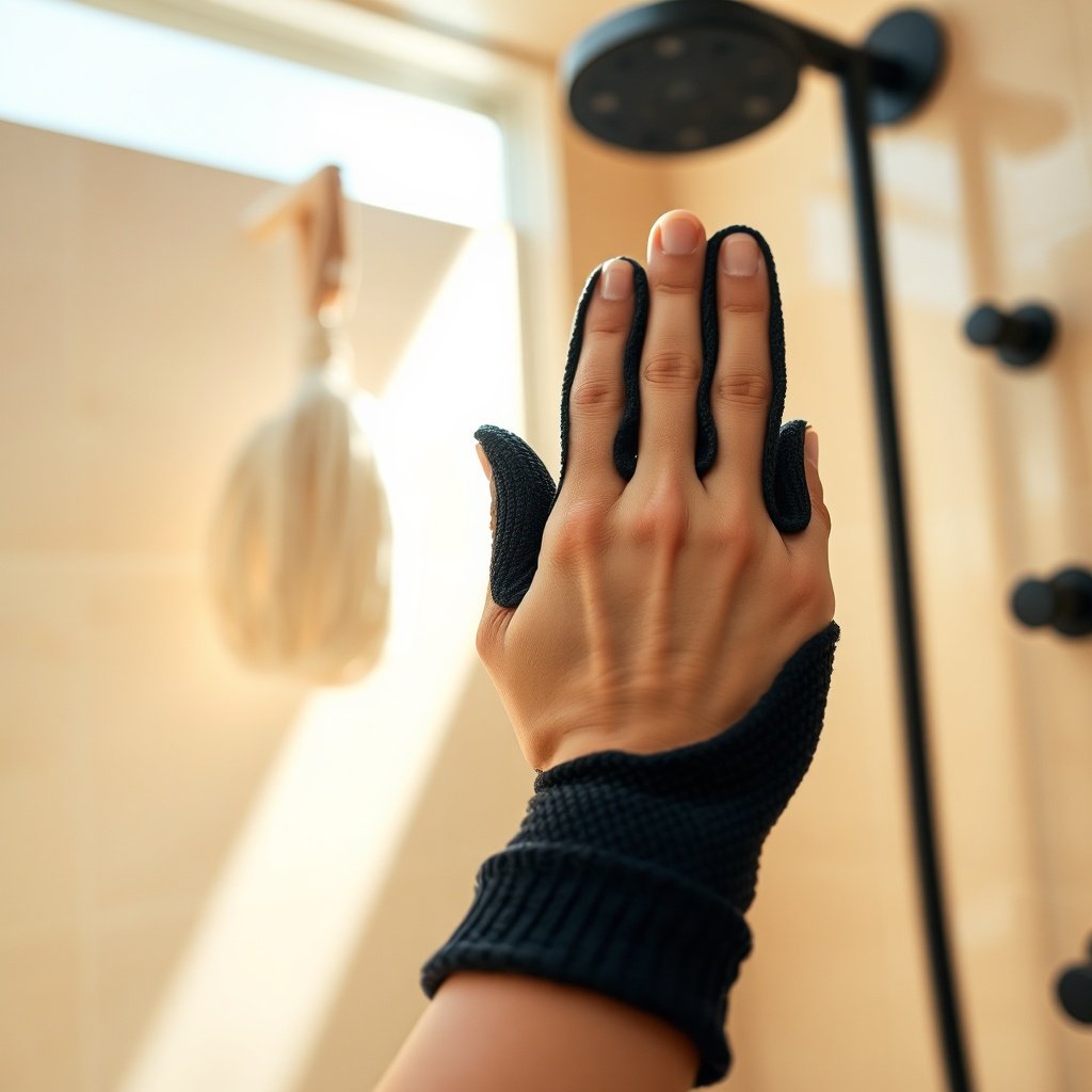 Close-up of a hand wearing a textured exfoliating glove applying even pressure to smooth skin, demonstrating the ergonomic control highlighted in the Kessa Glove vs. Loofah: Which Exfoliator Wins? comparison for effective post-shower care.