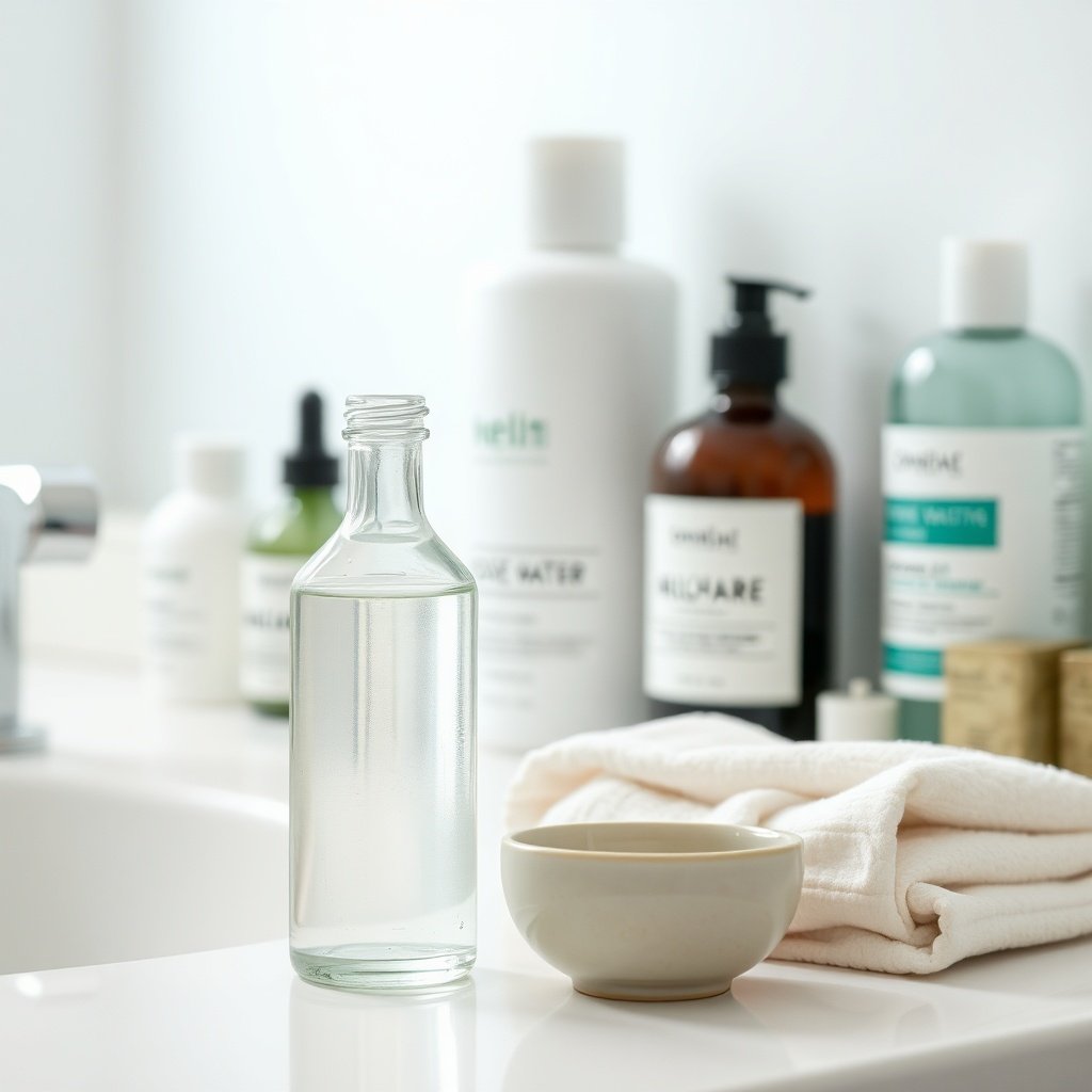 Revealing the truth about rose water for skin what really works: a curated vanity layout showcasing a simple, fragrance-free formula positioned as a supportive hydration step.