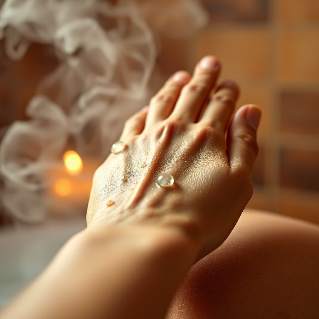 Gentle exfoliation with a kessa glove during a Moroccan Hammam at Home: What to Expect and How to Prepare for deep skin cleansing and nourishment.