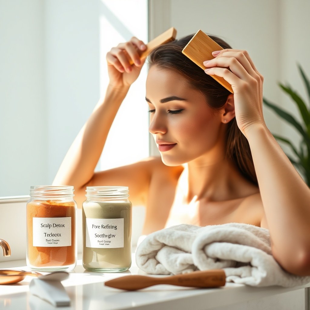A woman gently applies a smooth, mineral-rich clay paste to her scalp and face, illustrating the practical results of a ghassoul clay mask: 5 simple recipes for hair and skin designed to detox, cleanse, and restore natural radiance.