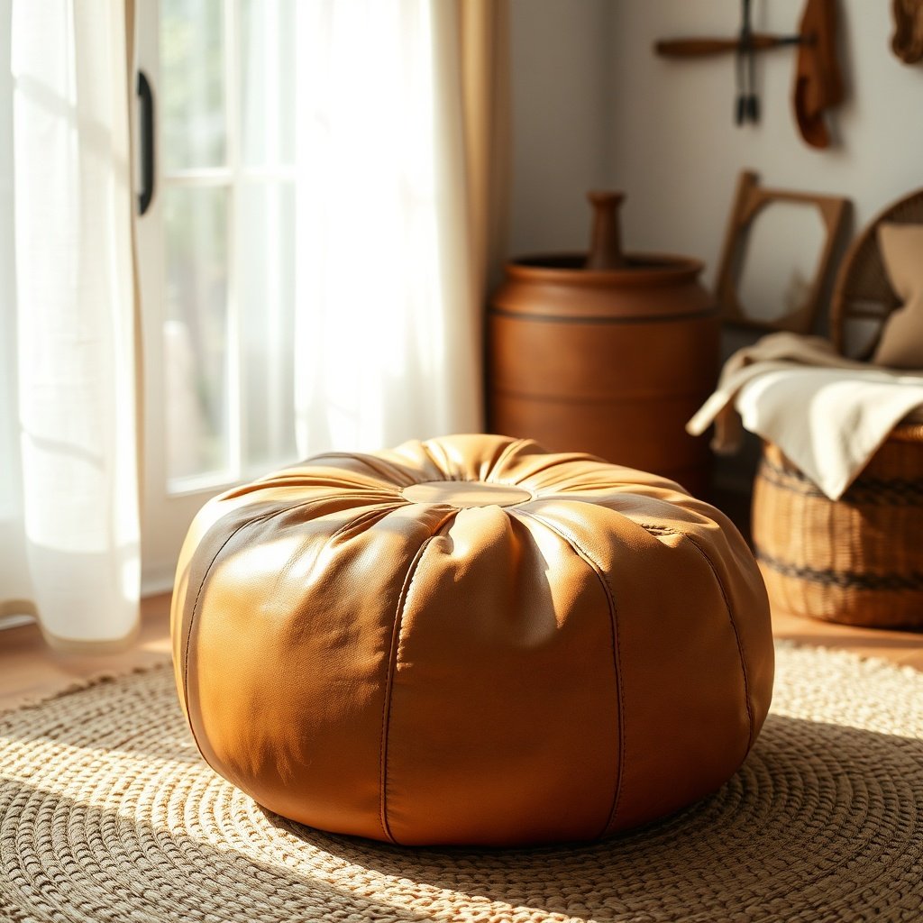 A lifestyle scene demonstrating the Real vs Fake Moroccan Leather Pouf: How to Spot Difference, showcasing authentic vegetable-tanned leather with organic shaping and traditional handcrafting details in a curated home setting.