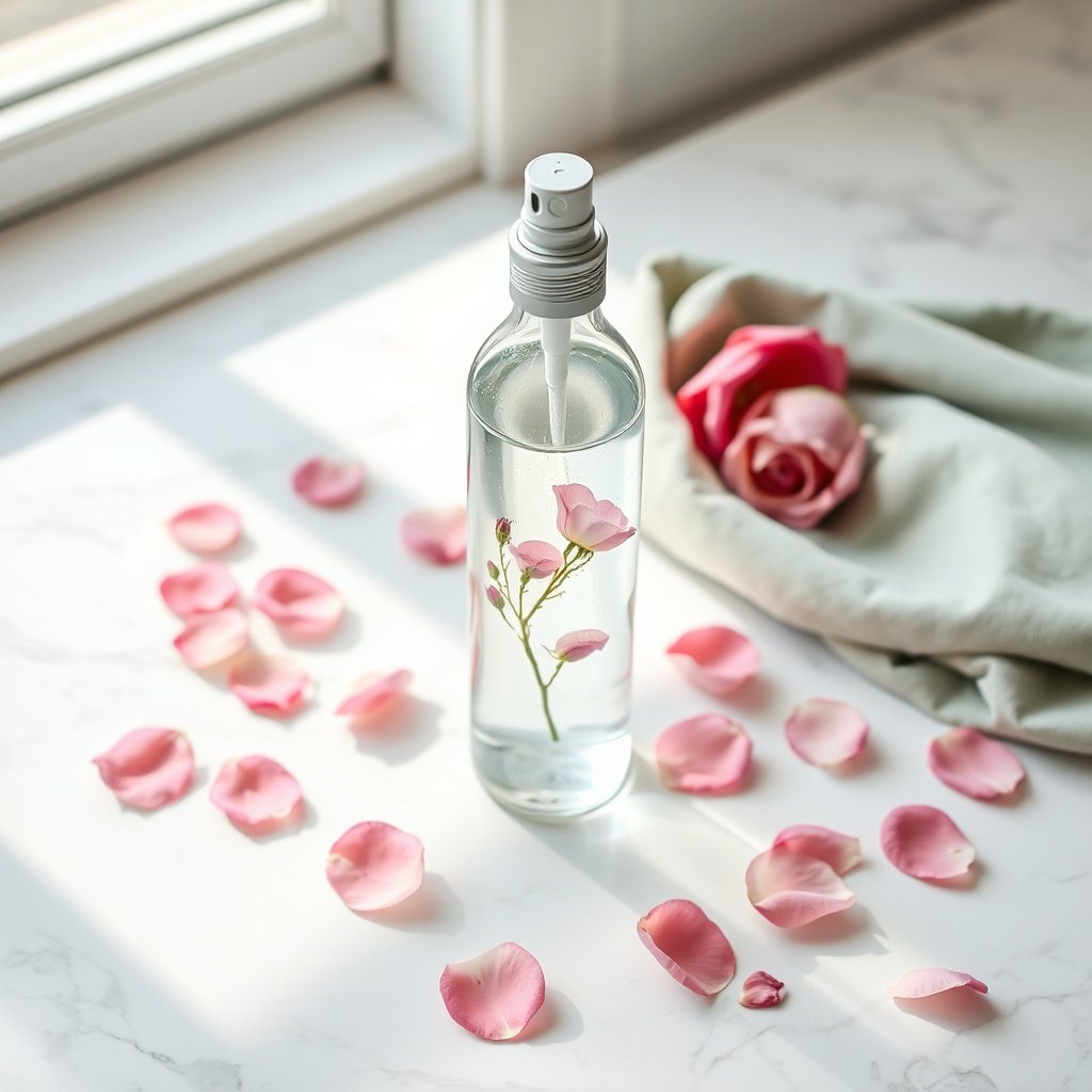 An elegant skincare arrangement featuring a pure rose water spray bottle alongside fresh Damask petals, illustrating the hydrating and balancing properties highlighted in our guide to Moroccan Rose Water: 5 Skin Benefits You Didn't Know.